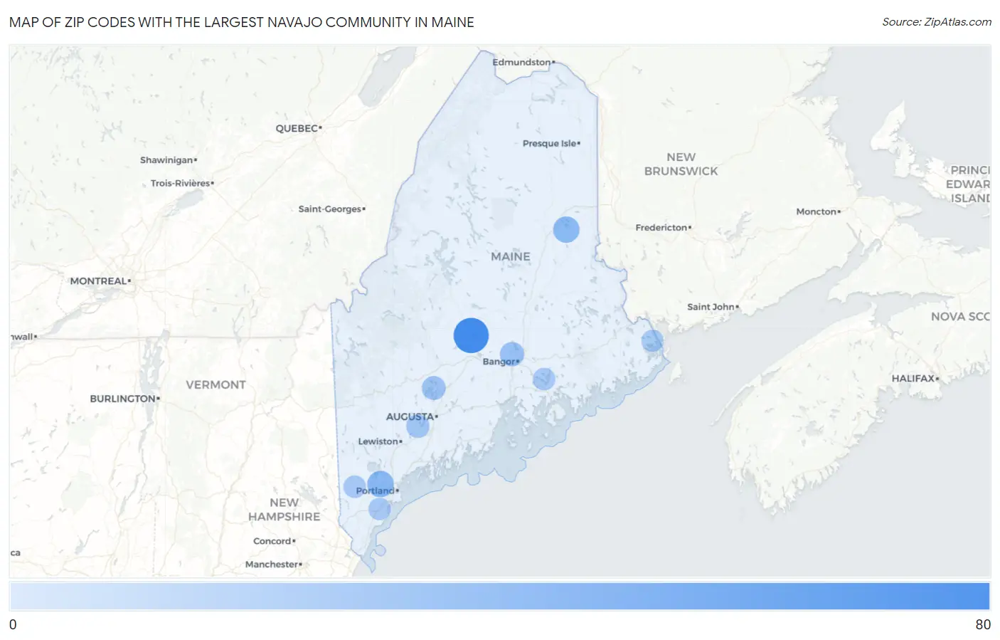 Zip Codes with the Largest Navajo Community in Maine Map