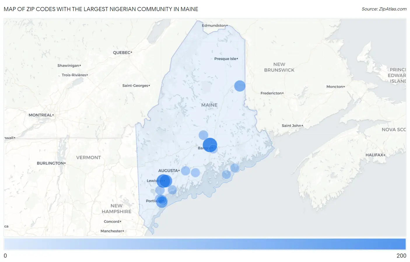 Zip Codes with the Largest Nigerian Community in Maine Map