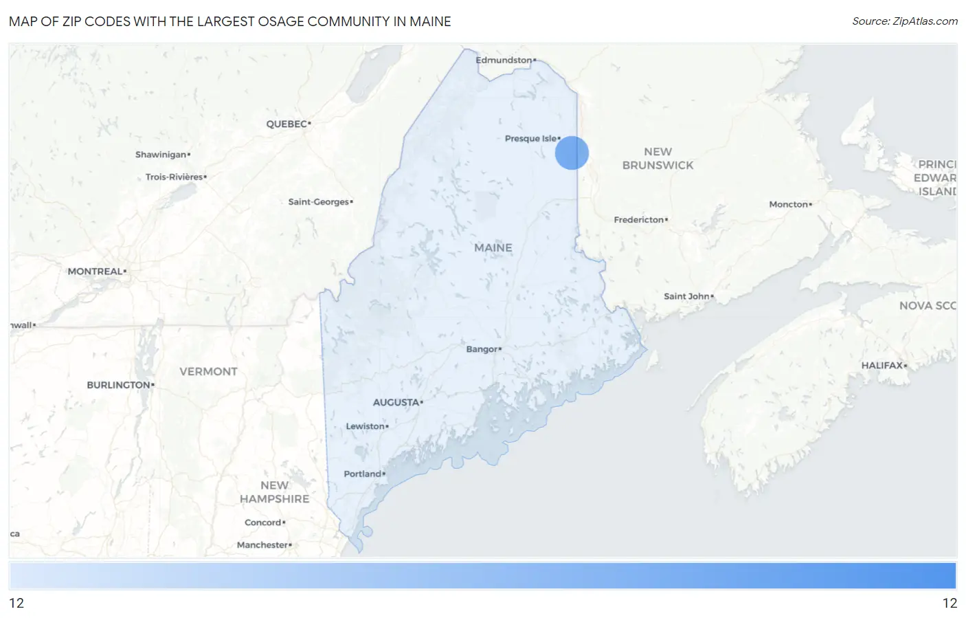 Zip Codes with the Largest Osage Community in Maine Map