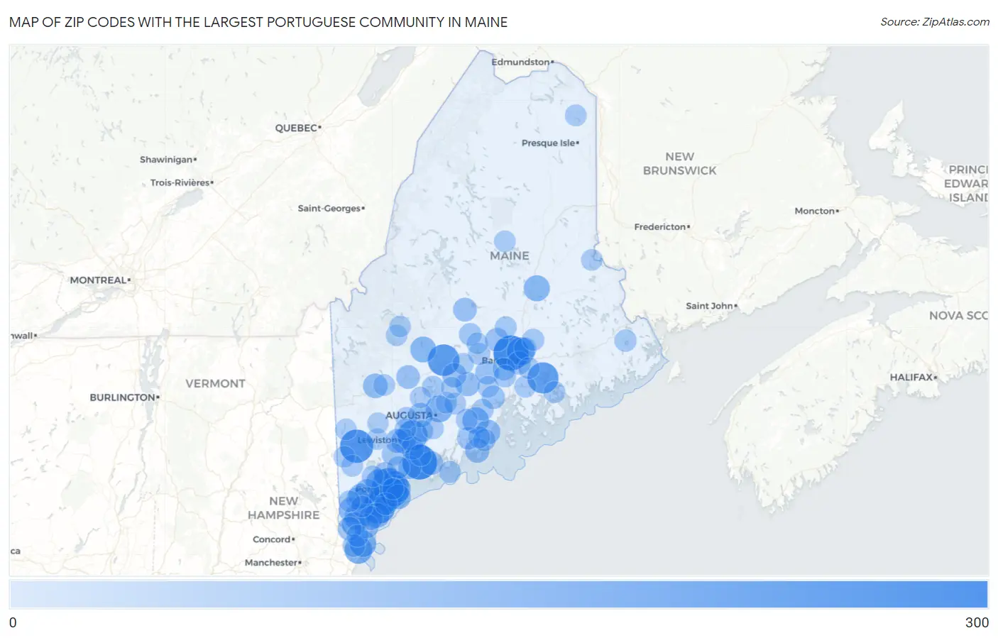 Zip Codes with the Largest Portuguese Community in Maine Map