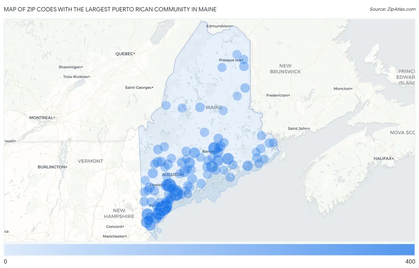Zip Codes with the Largest Puerto Rican Community in Maine Map