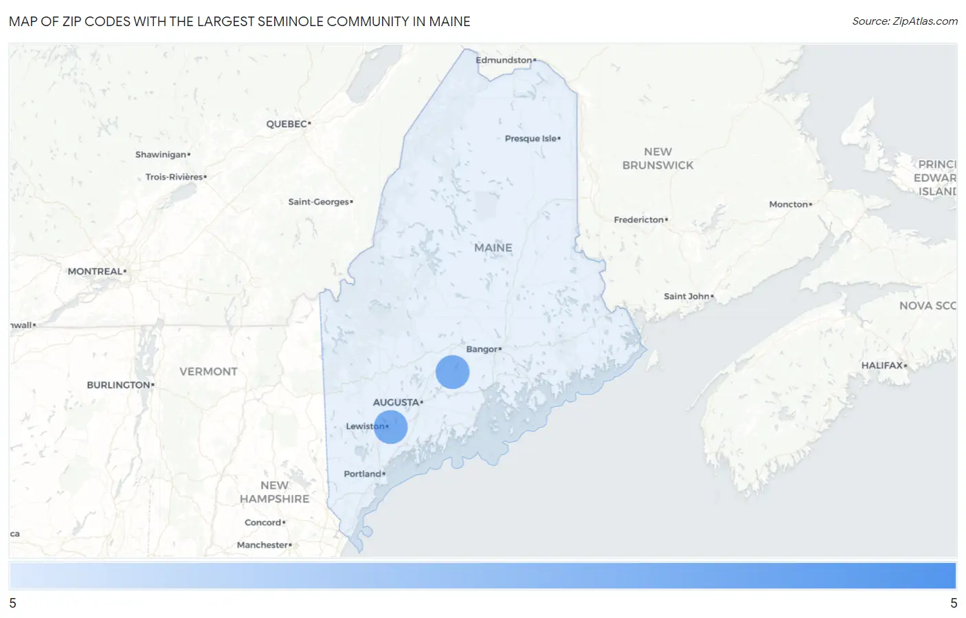 Zip Codes with the Largest Seminole Community in Maine Map