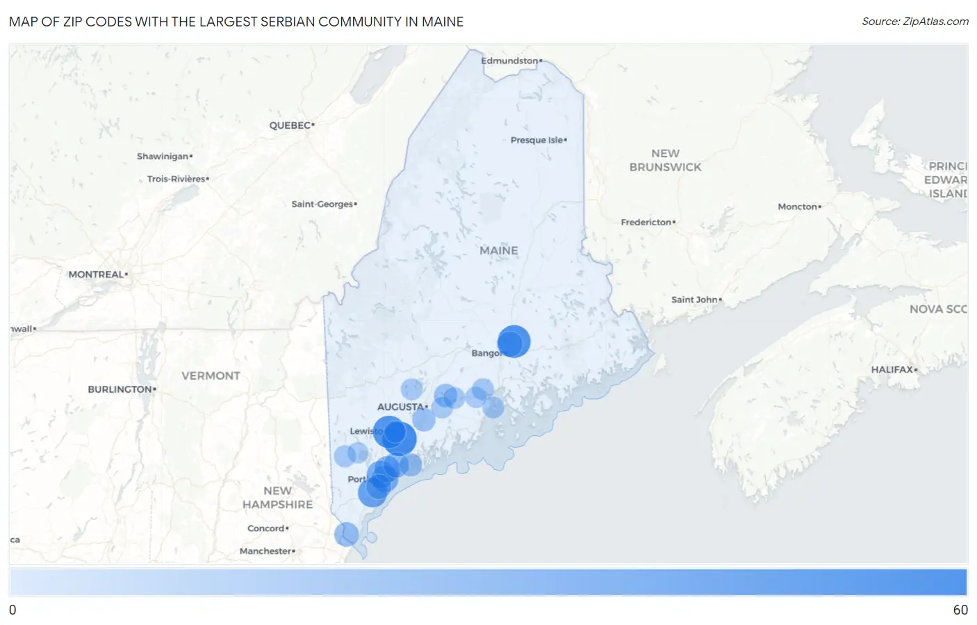 Zip Codes with the Largest Serbian Community in Maine Map