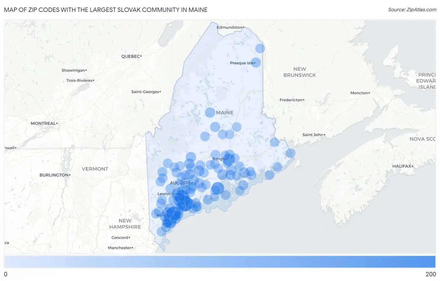 Zip Codes with the Largest Slovak Community in Maine Map