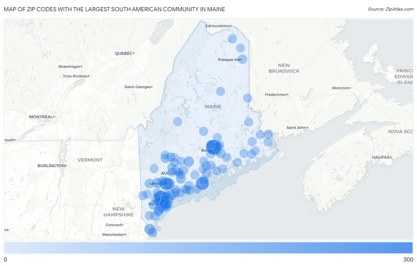 Zip Codes with the Largest South American Community in Maine Map