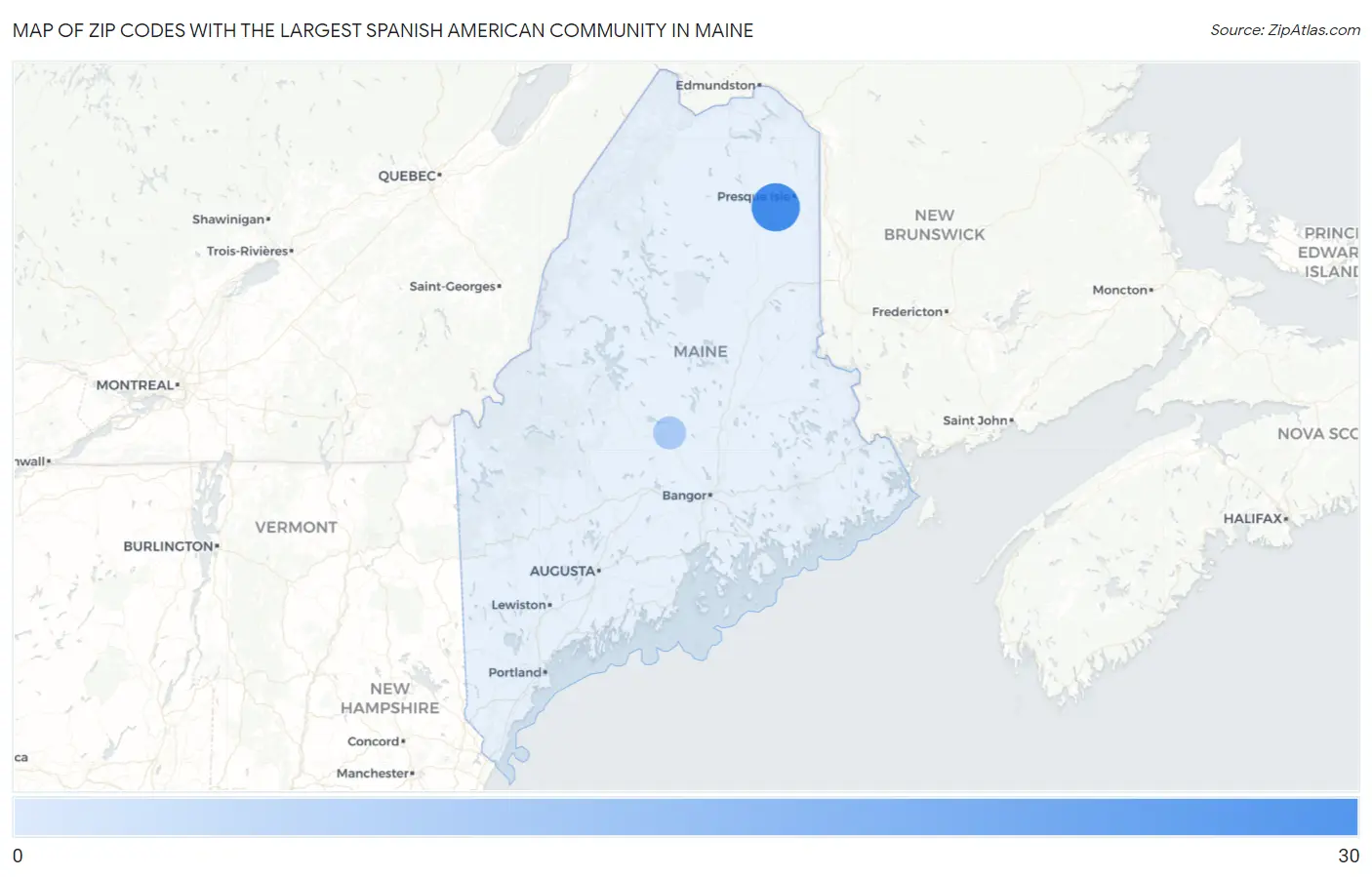 Zip Codes with the Largest Spanish American Community in Maine Map