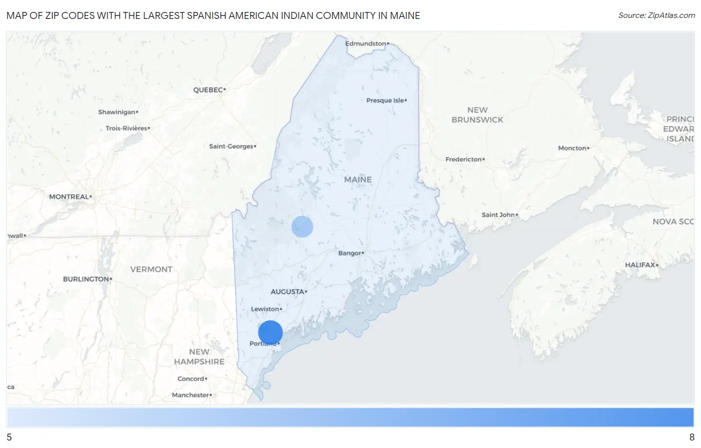 Zip Codes with the Largest Spanish American Indian Community in Maine Map