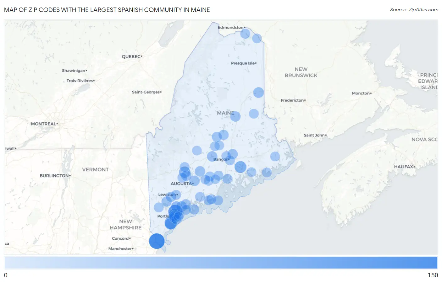 Zip Codes with the Largest Spanish Community in Maine Map