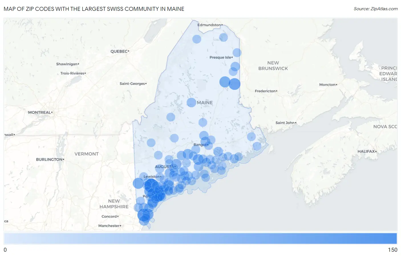Zip Codes with the Largest Swiss Community in Maine Map