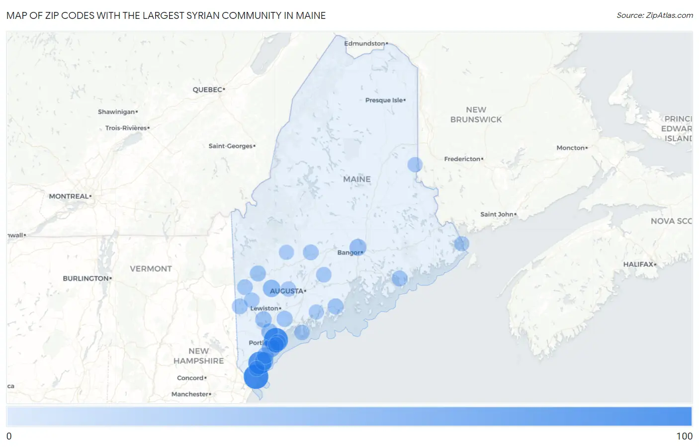 Zip Codes with the Largest Syrian Community in Maine Map