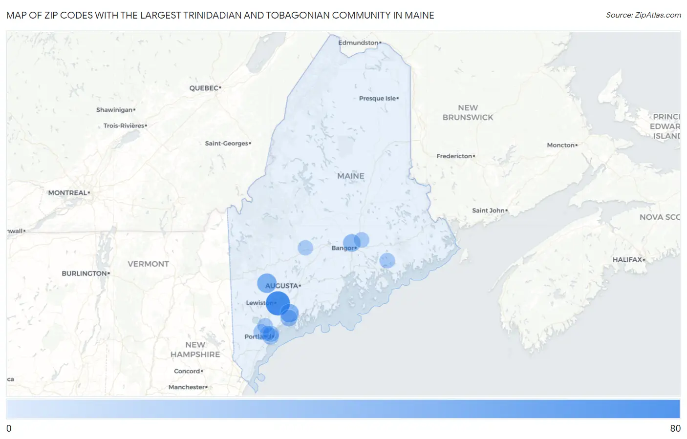 Zip Codes with the Largest Trinidadian and Tobagonian Community in Maine Map