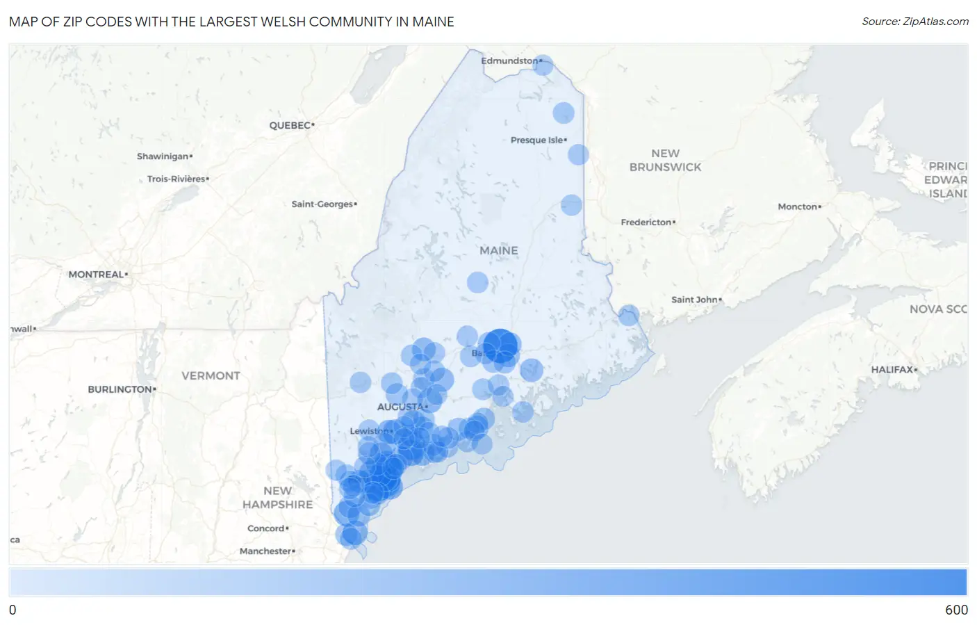 Zip Codes with the Largest Welsh Community in Maine Map