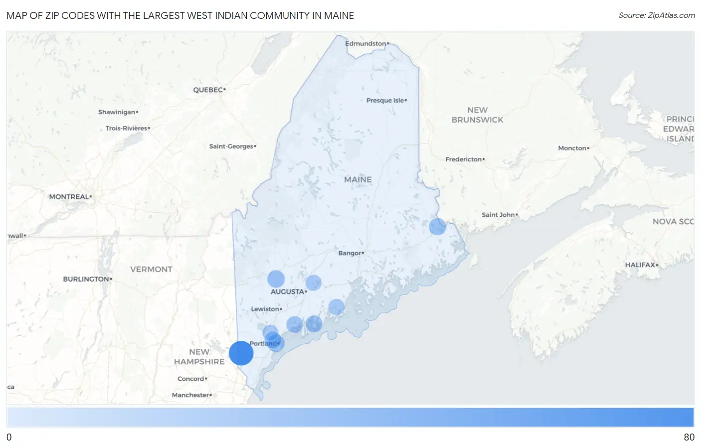 Zip Codes with the Largest West Indian Community in Maine Map