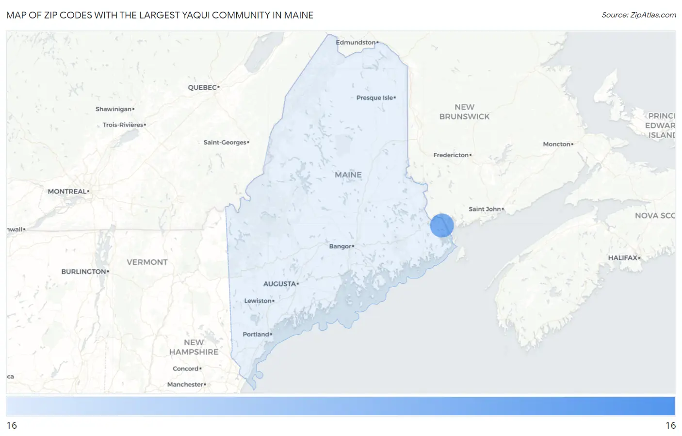 Zip Codes with the Largest Yaqui Community in Maine Map