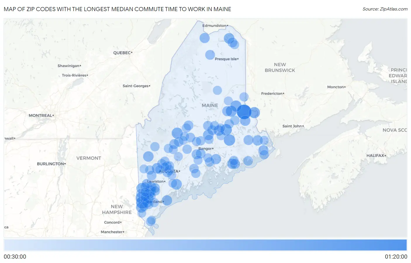 Zip Codes with the Longest Median Commute Time to Work in Maine Map