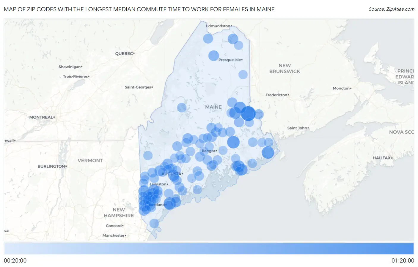 Zip Codes with the Longest Median Commute Time to Work for Females in Maine Map