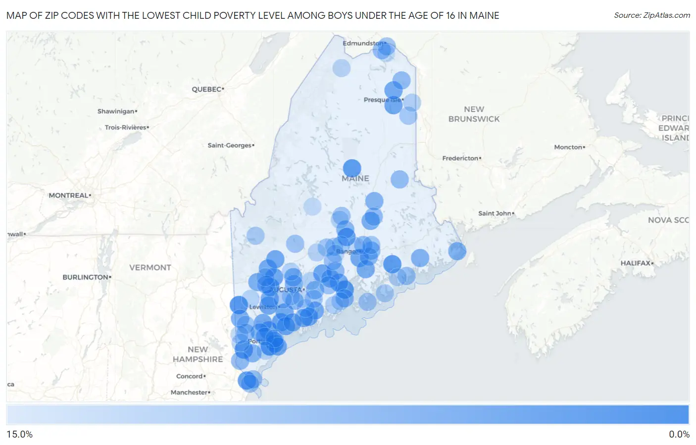 Zip Codes with the Lowest Child Poverty Level Among Boys Under the Age of 16 in Maine Map