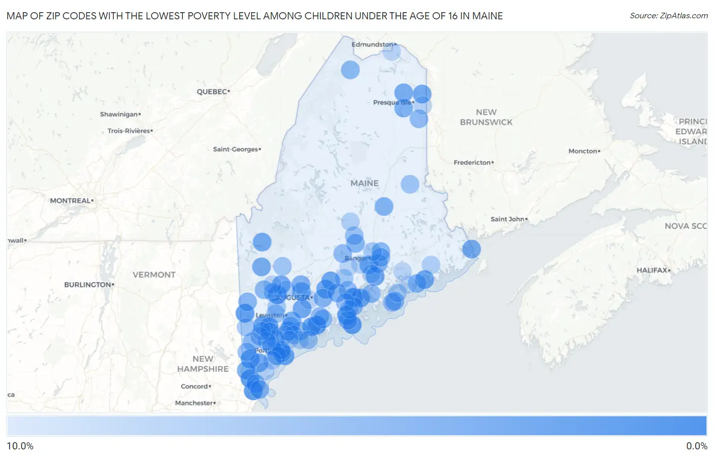 Zip Codes with the Lowest Poverty Level Among Children Under the Age of 16 in Maine Map
