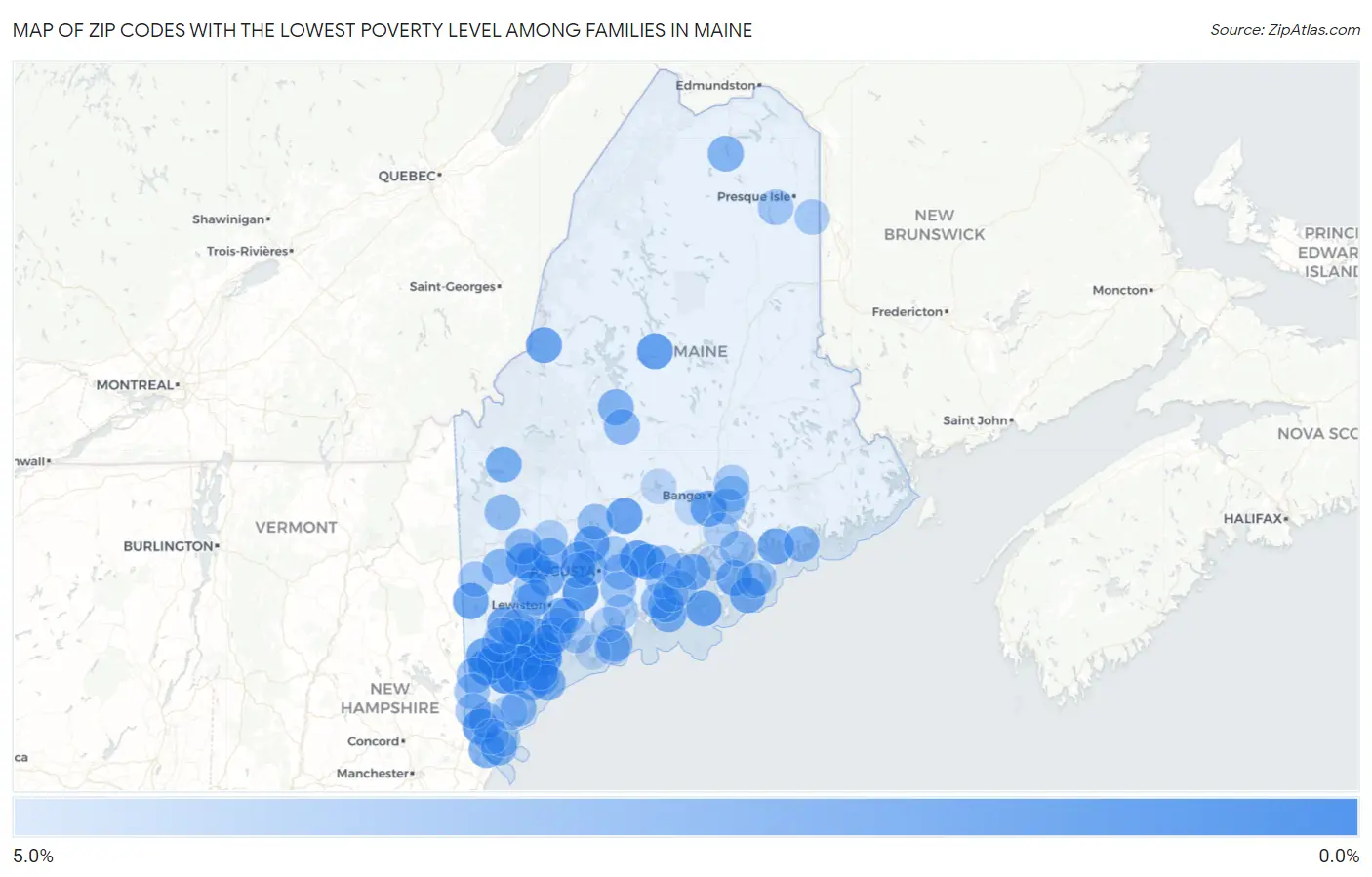 Zip Codes with the Lowest Poverty Level Among Families in Maine Map