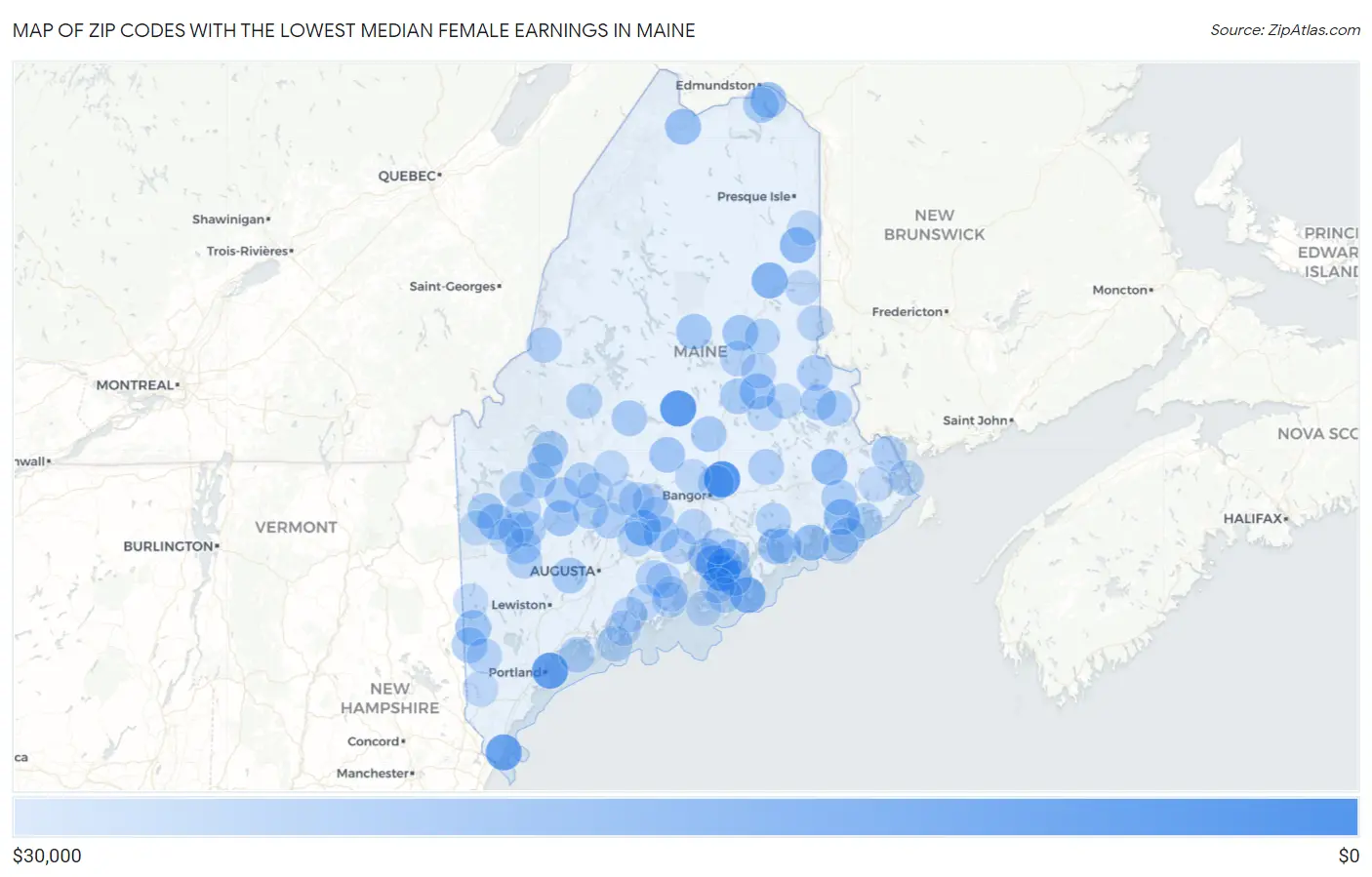 Zip Codes with the Lowest Median Female Earnings in Maine Map