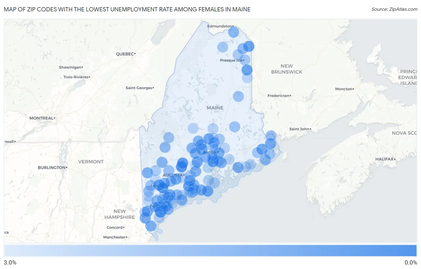 Zip Codes with the Lowest Unemployment Rate Among Females in Maine Map