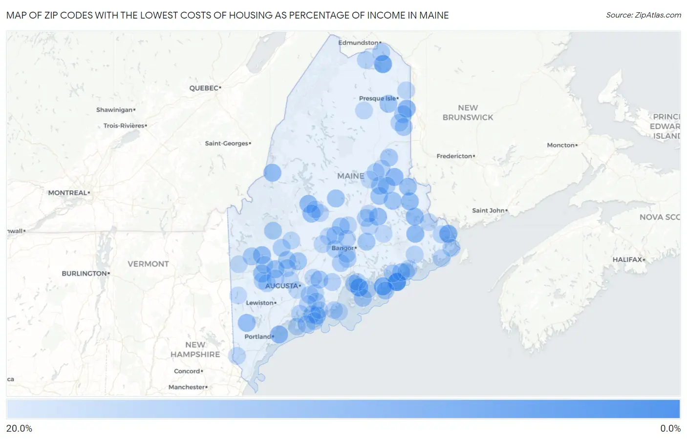 Zip Codes with the Lowest Costs of Housing as Percentage of Income in Maine Map