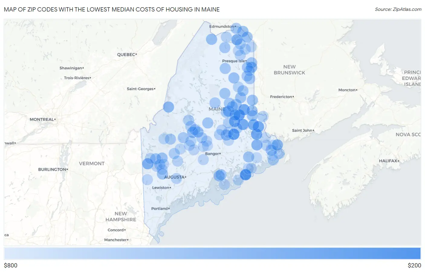 Zip Codes with the Lowest Median Costs of Housing in Maine Map