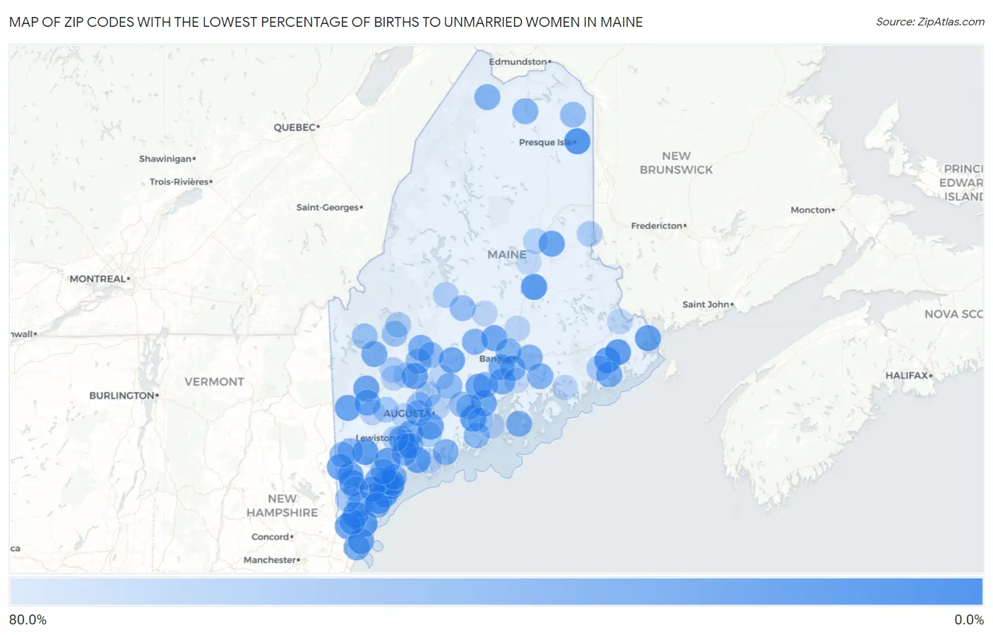 Zip Codes with the Lowest Percentage of Births to Unmarried Women in Maine Map