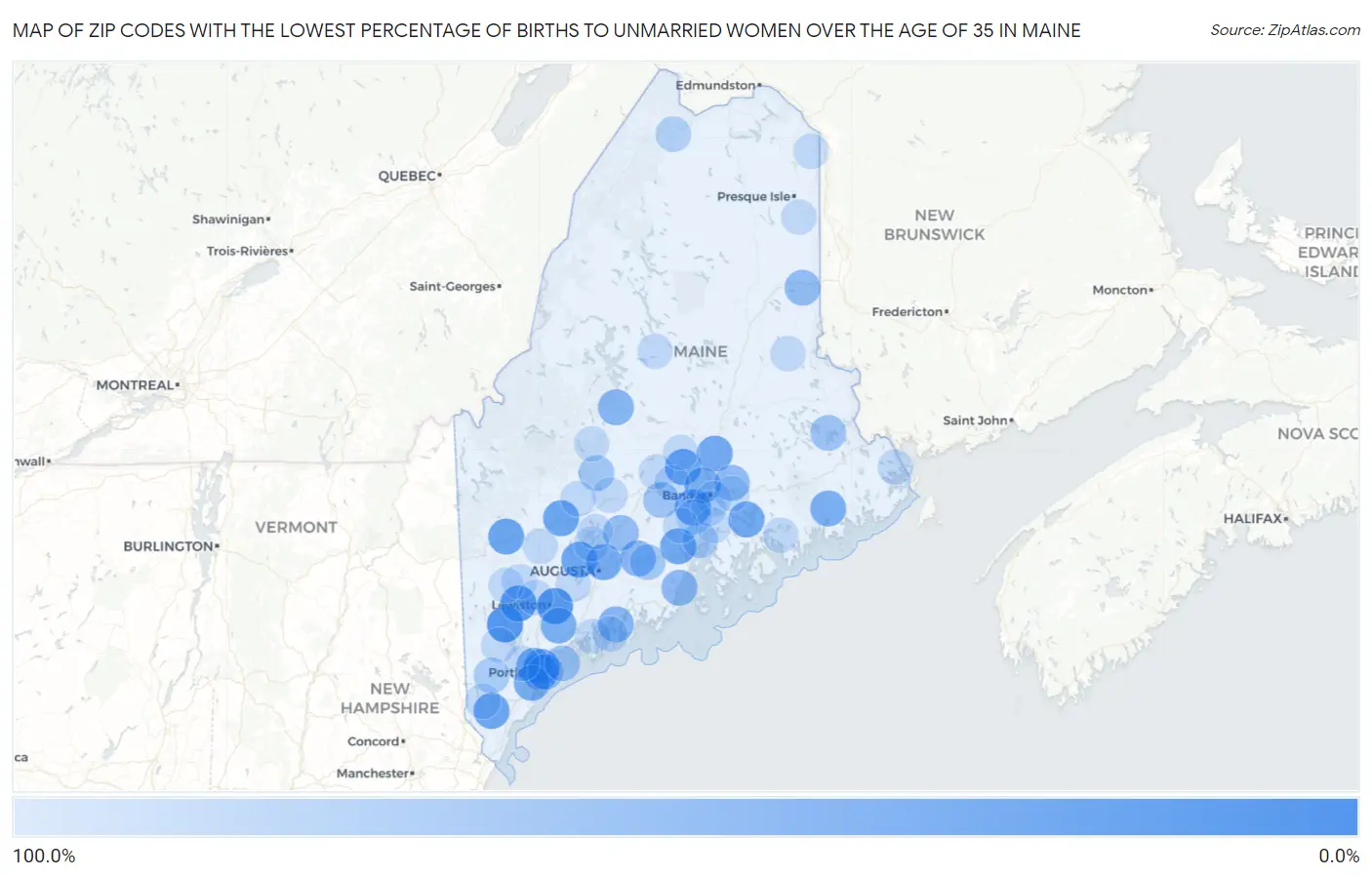 Zip Codes with the Lowest Percentage of Births to Unmarried Women over the Age of 35 in Maine Map