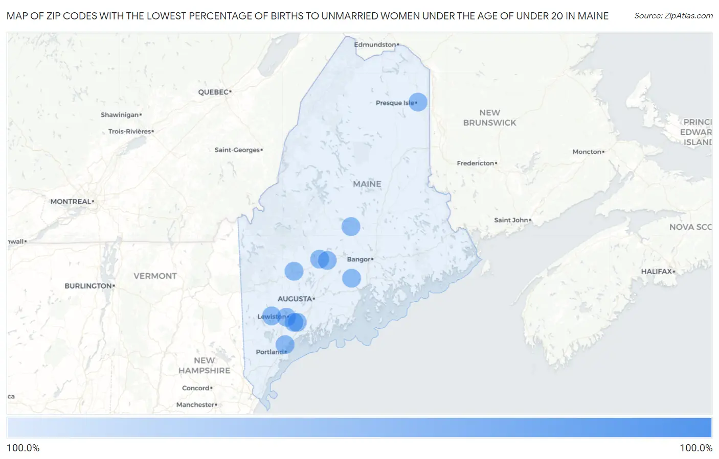 Zip Codes with the Lowest Percentage of Births to Unmarried Women under the Age of under 20 in Maine Map