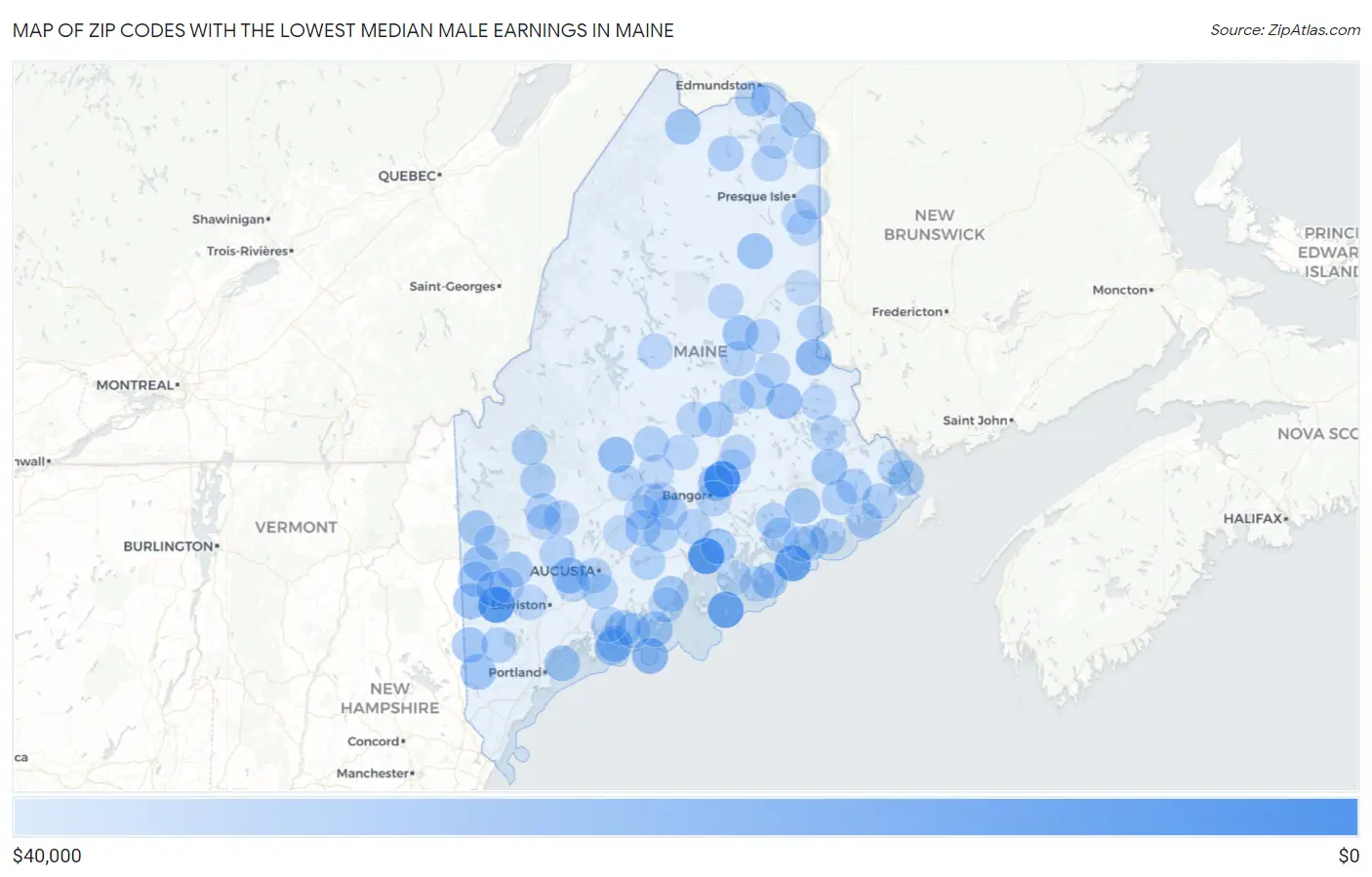 Zip Codes with the Lowest Median Male Earnings in Maine Map