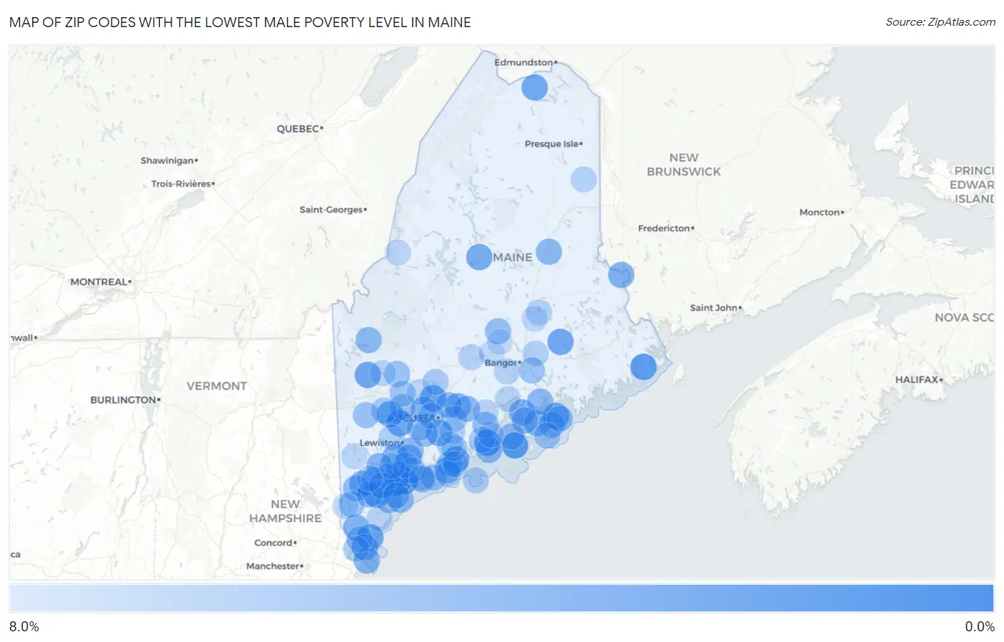 Zip Codes with the Lowest Male Poverty Level in Maine Map