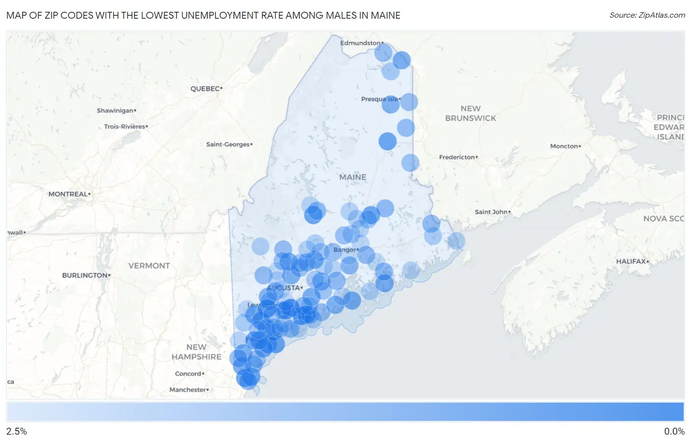Zip Codes with the Lowest Unemployment Rate Among Males in Maine Map