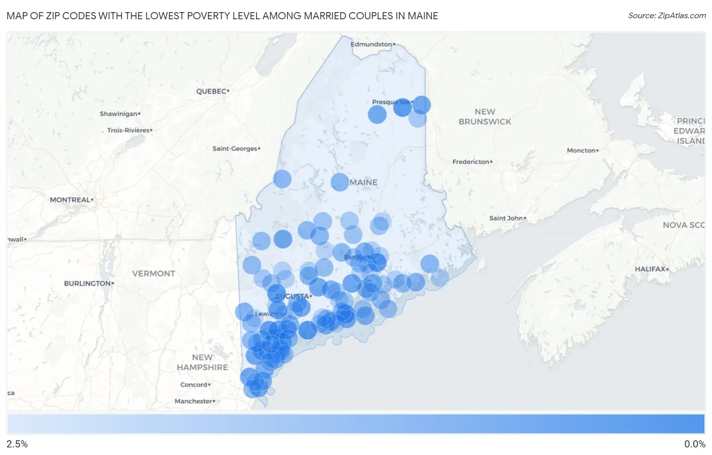 Zip Codes with the Lowest Poverty Level Among Married Couples in Maine Map