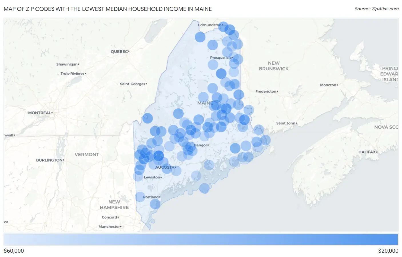 Zip Codes with the Lowest Median Household Income in Maine Map