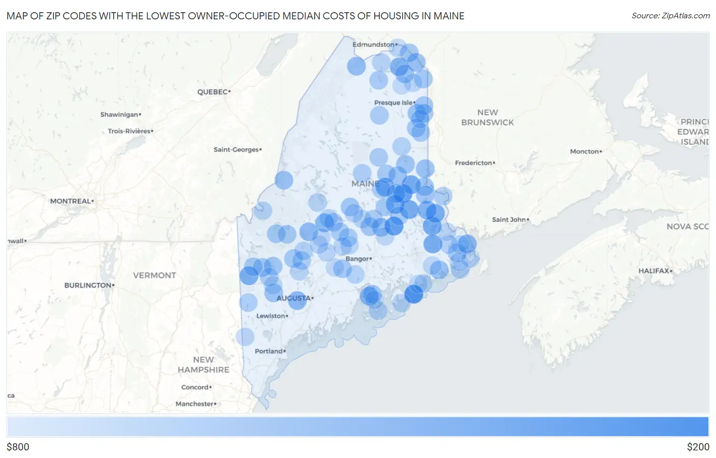 Zip Codes with the Lowest Owner-Occupied Median Costs of Housing in Maine Map