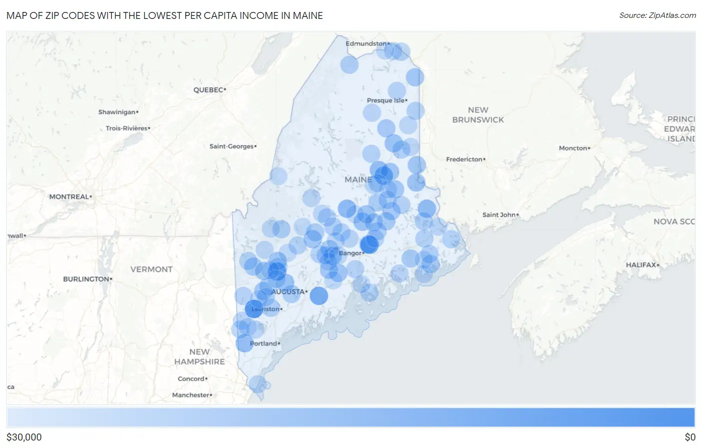 Zip Codes with the Lowest Per Capita Income in Maine Map