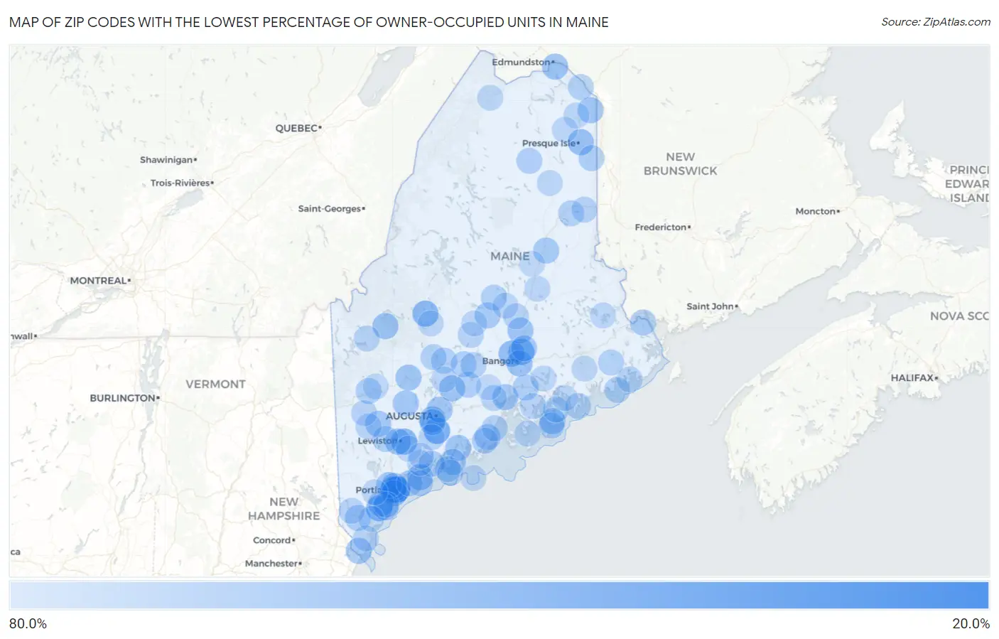 Zip Codes with the Lowest Percentage of Owner-Occupied Units in Maine Map