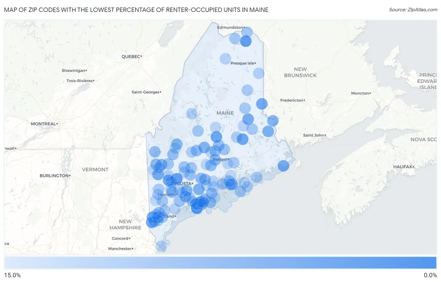 Zip Codes with the Lowest Percentage of Renter-Occupied Units in Maine Map