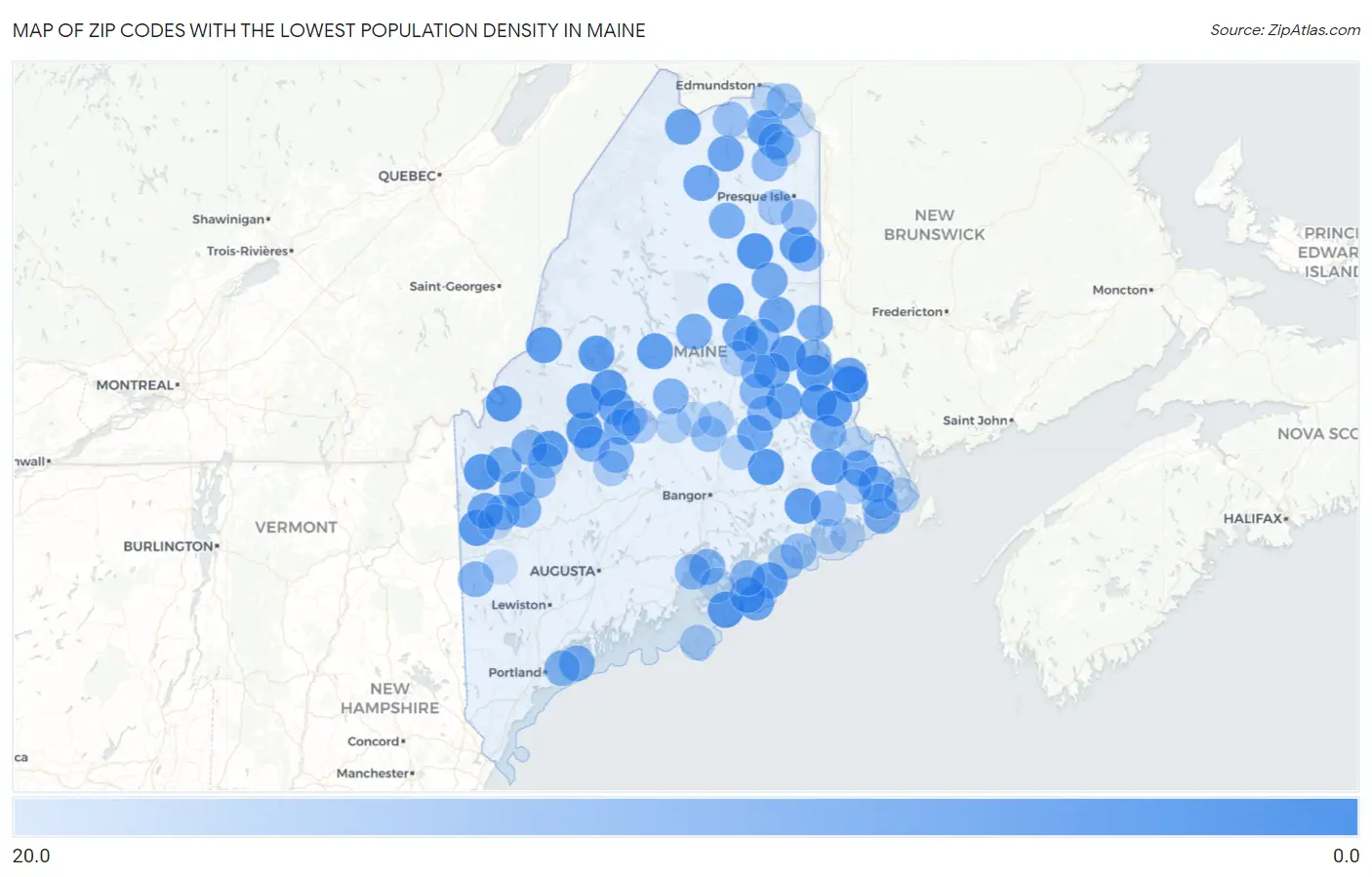Zip Codes with the Lowest Population Density in Maine Map