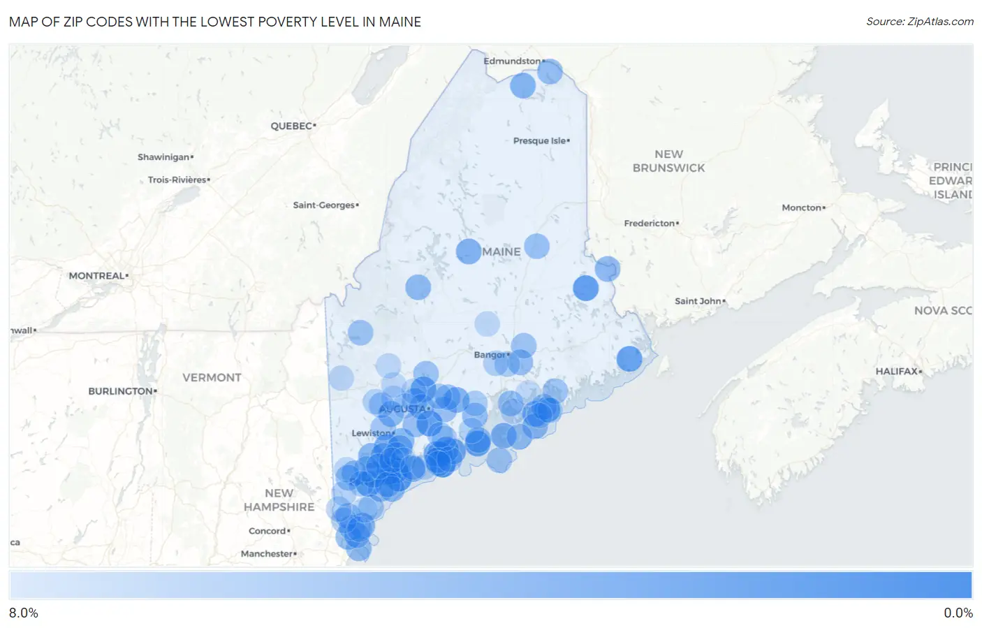 Zip Codes with the Lowest Poverty Level in Maine Map