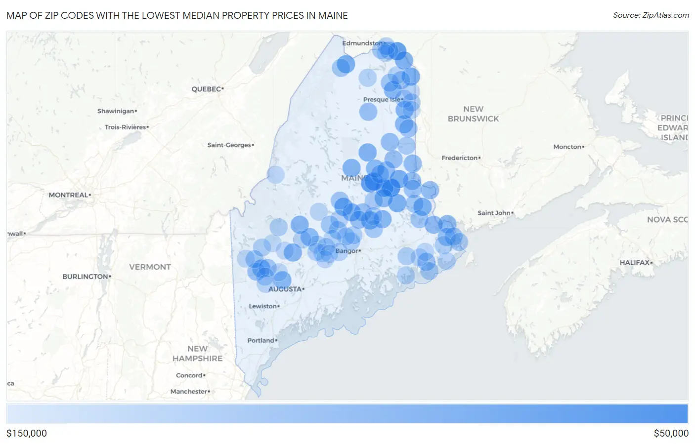 Zip Codes with the Lowest Median Property Prices in Maine Map
