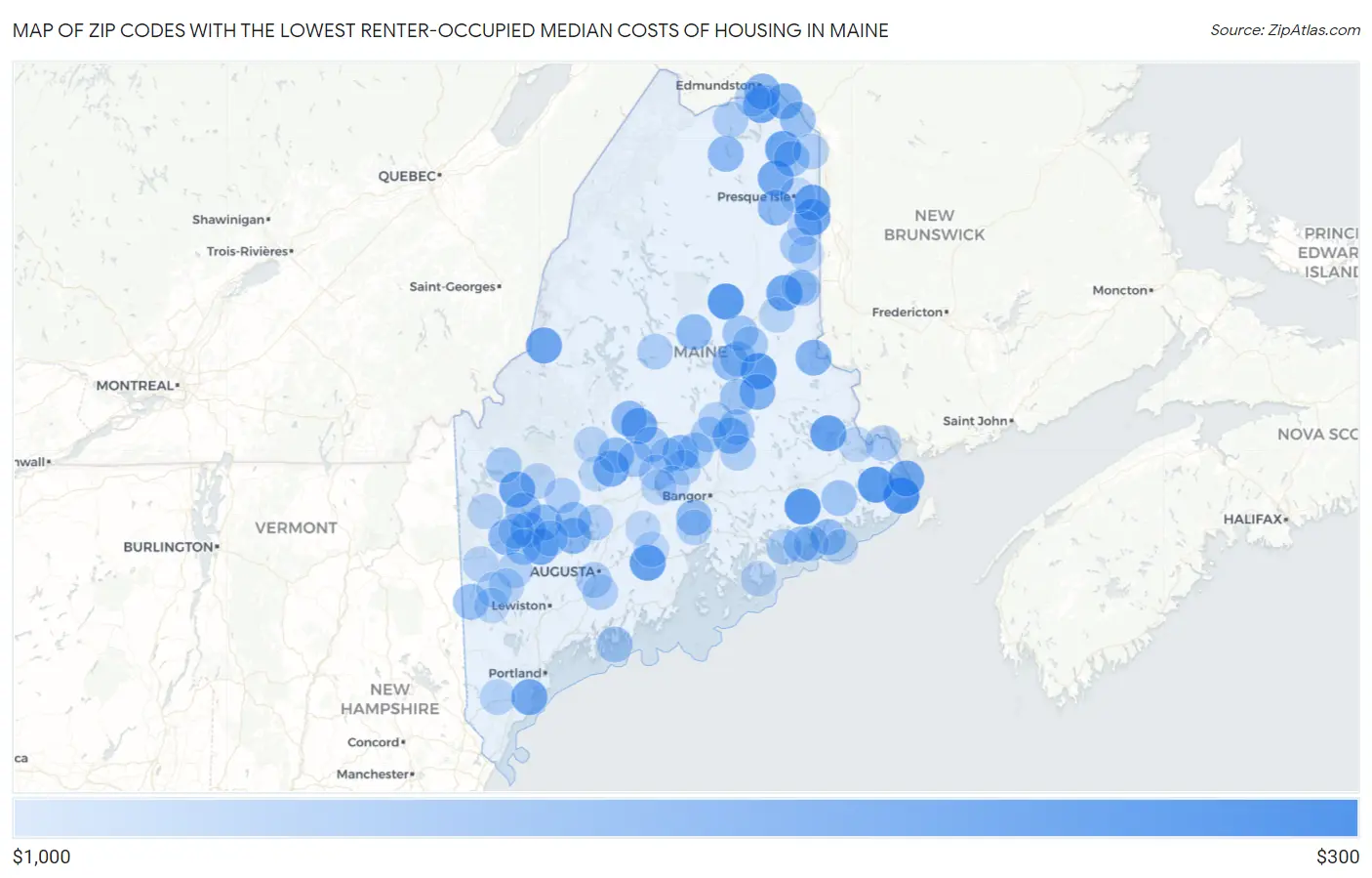 Zip Codes with the Lowest Renter-Occupied Median Costs of Housing in Maine Map