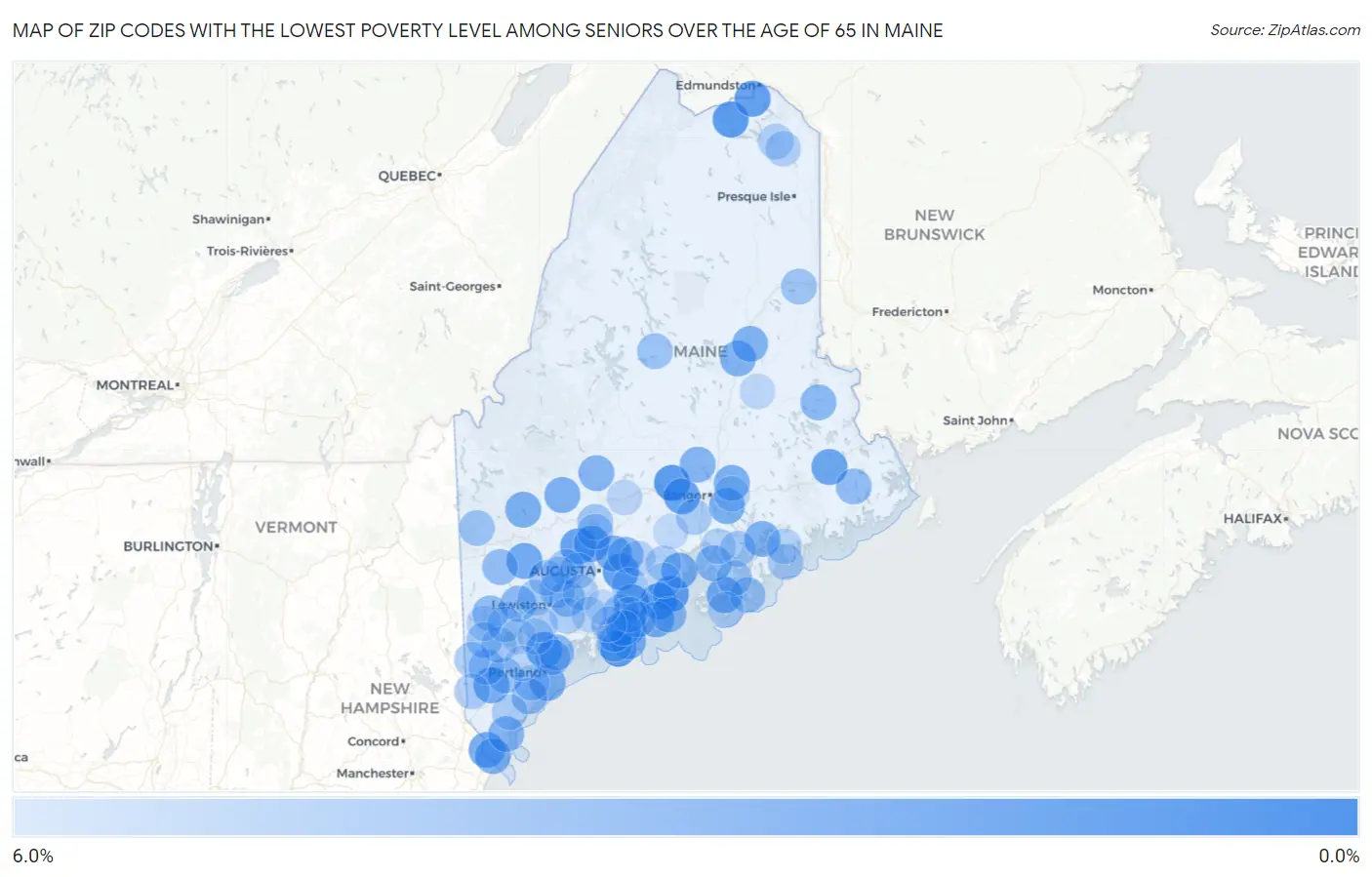 Zip Codes with the Lowest Poverty Level Among Seniors Over the Age of 65 in Maine Map