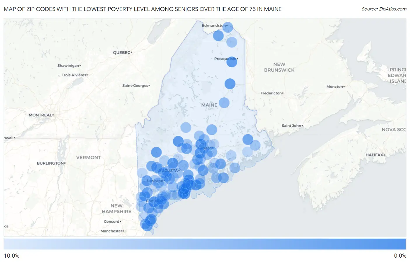 Zip Codes with the Lowest Poverty Level Among Seniors Over the Age of 75 in Maine Map