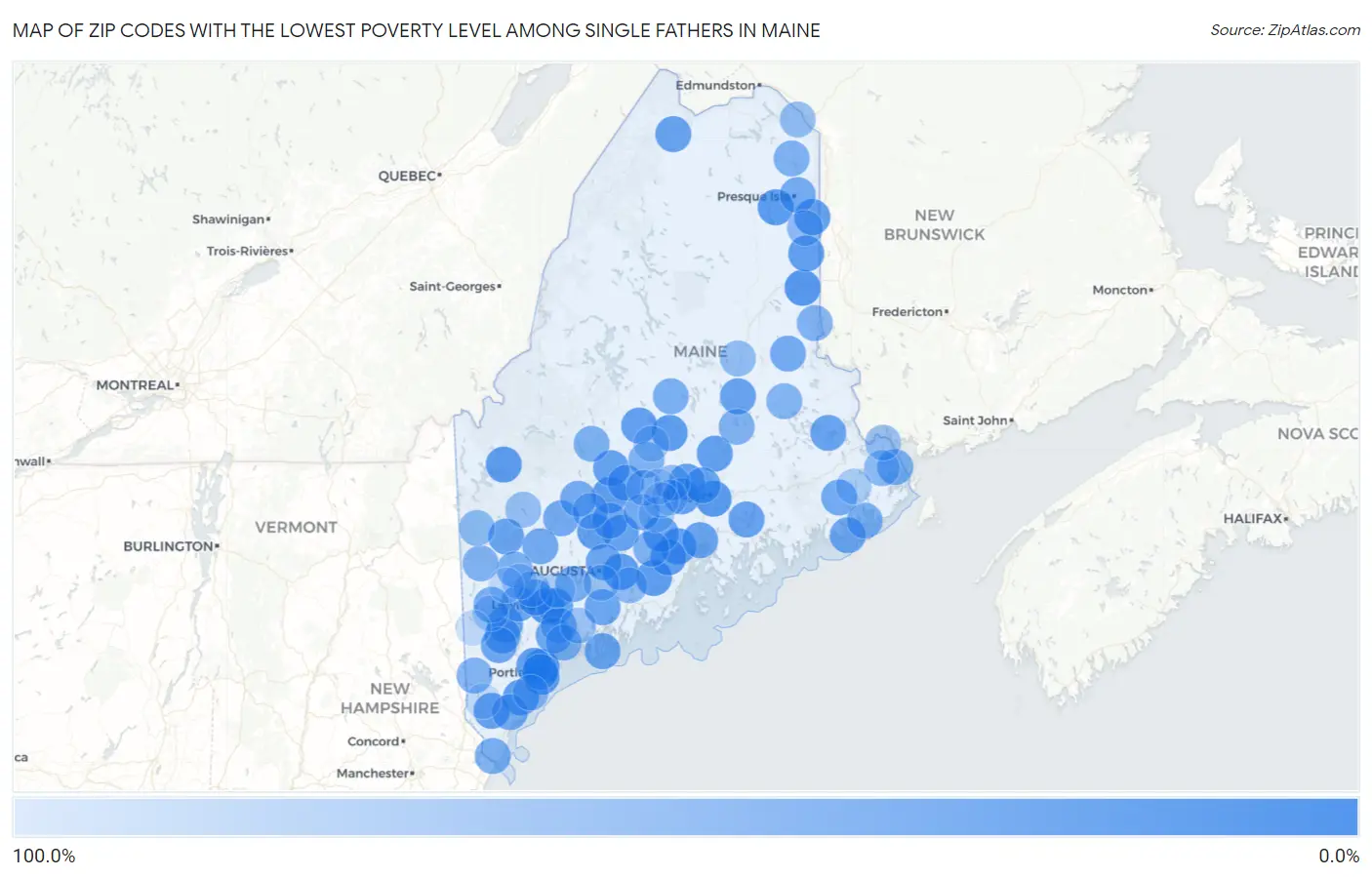 Zip Codes with the Lowest Poverty Level Among Single Fathers in Maine Map