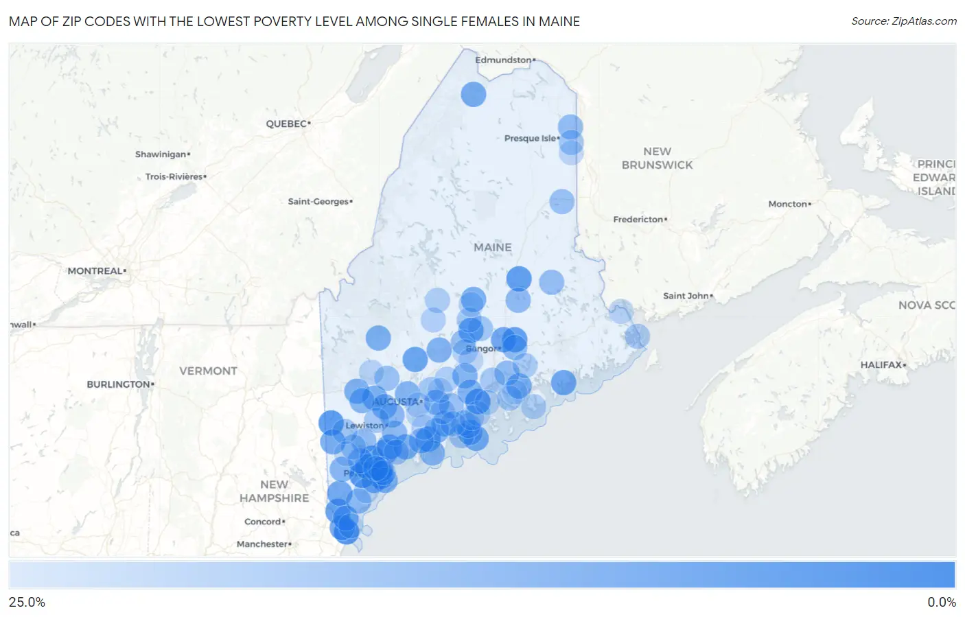 Zip Codes with the Lowest Poverty Level Among Single Females in Maine Map