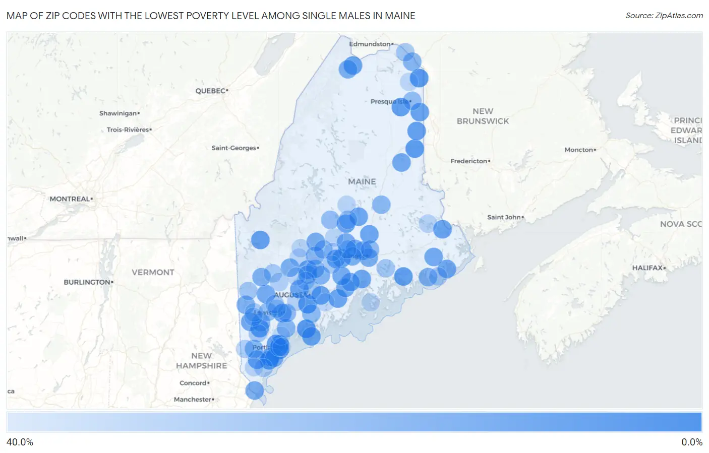 Zip Codes with the Lowest Poverty Level Among Single Males in Maine Map