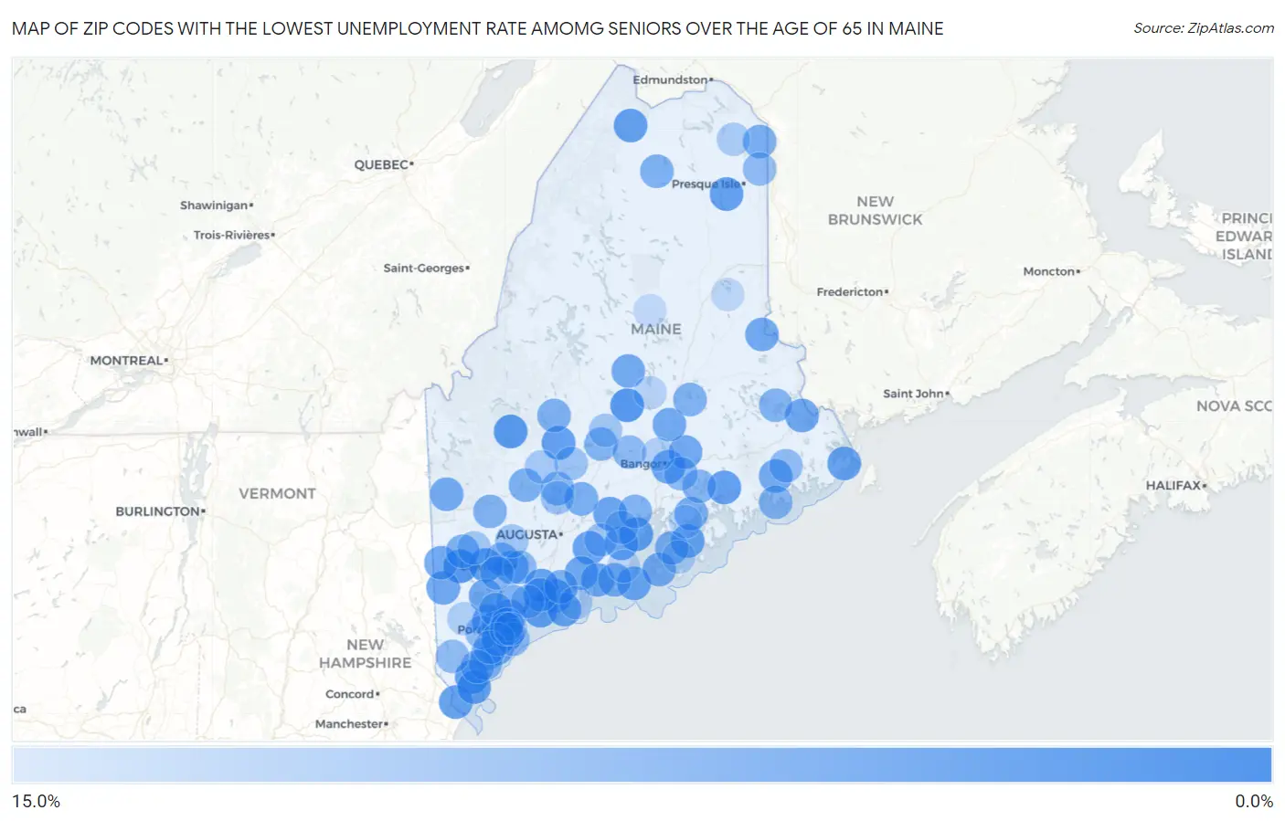 Zip Codes with the Lowest Unemployment Rate Amomg Seniors Over the Age of 65 in Maine Map