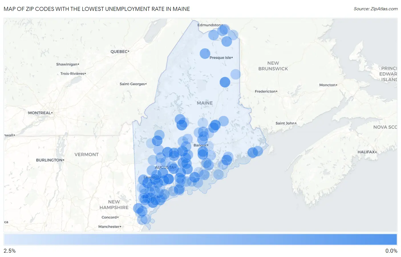 Zip Codes with the Lowest Unemployment Rate in Maine Map